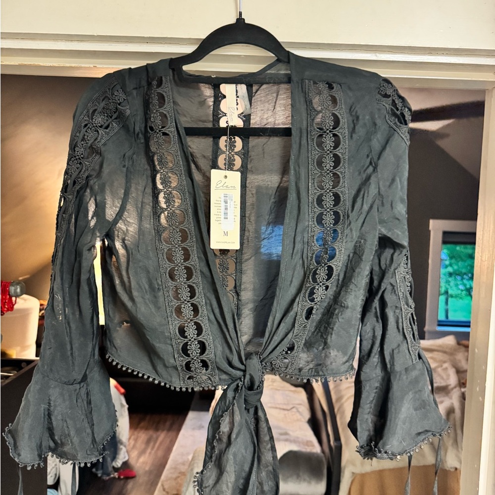 Elan Black Cropped Bell Sleeve Blouse with Tie Front